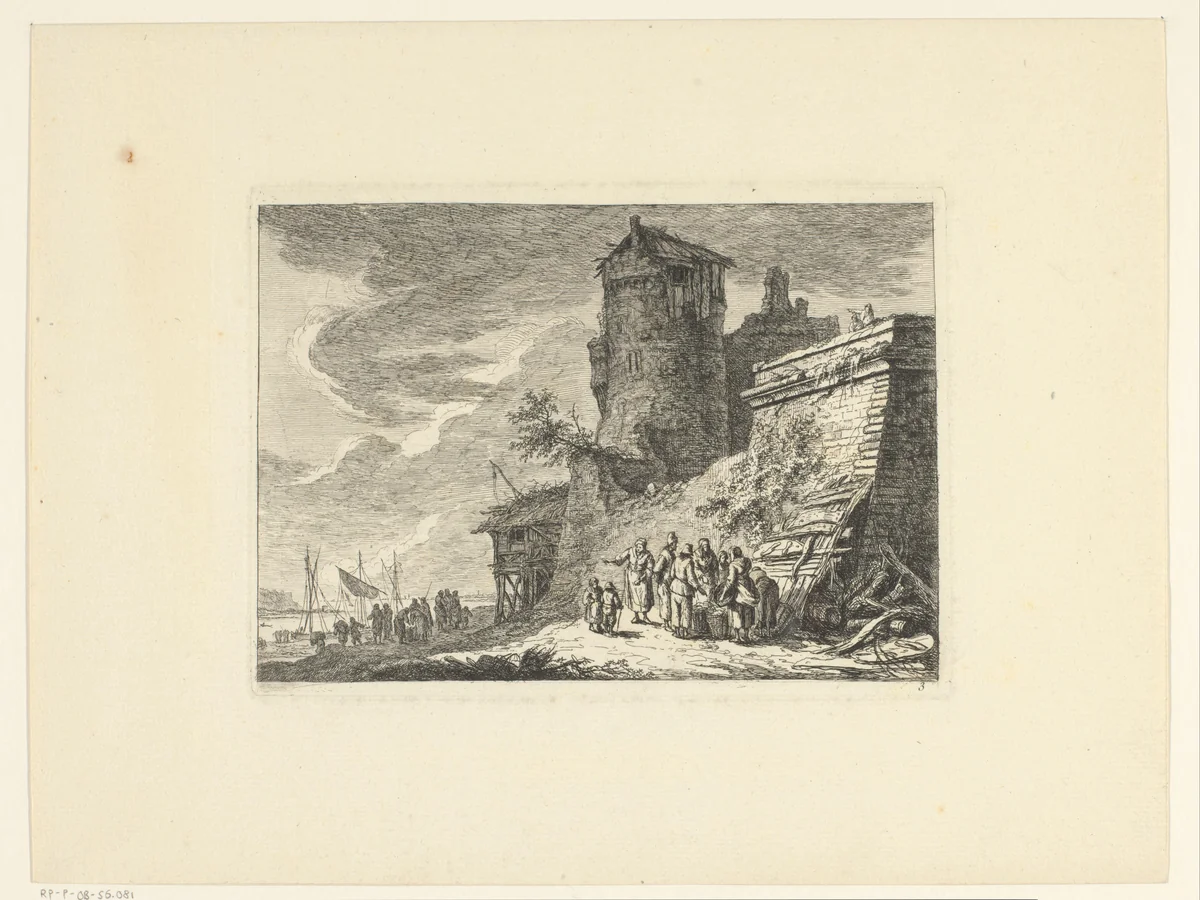 Visverkopers bij een stadsmuur aan de Seine by Franz Edmund Weirotter, print, 1761-1762