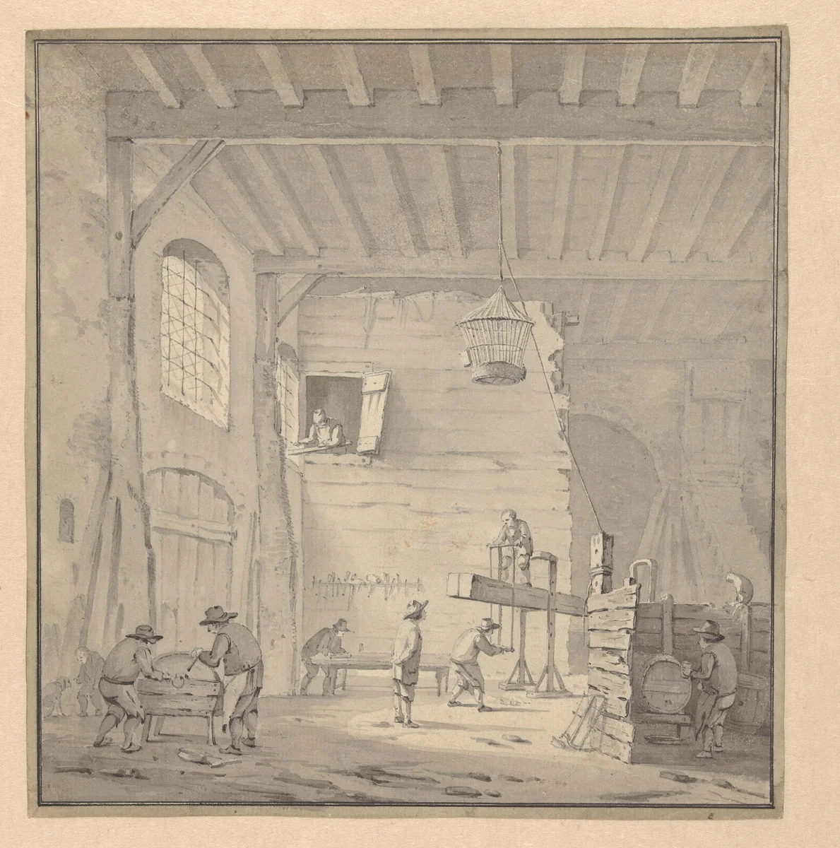 Interieur van een timmermanswerkplaats by anonymous, drawing, 1770