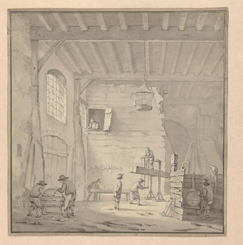 Interieur van een timmermanswerkplaats by anonymous, drawing, 1770