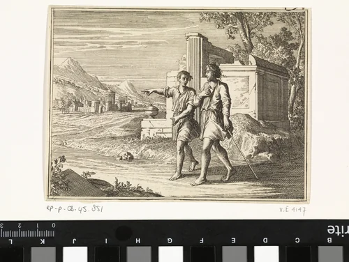 Saul en zijn knecht op weg om de ezelinnen te zoeken by Caspar Luyken, print, 1712