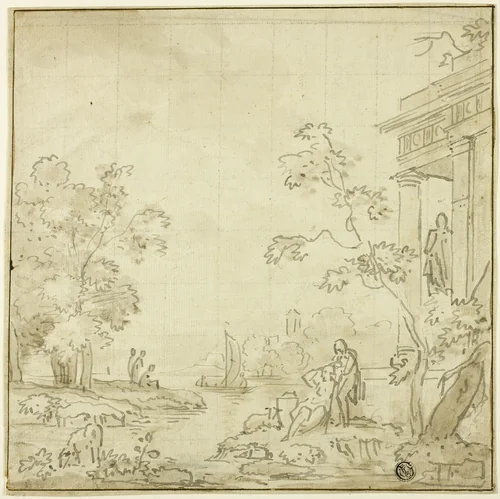 Harbor Scene with Figures, Temple by George Smith, drawing, 1734-1776