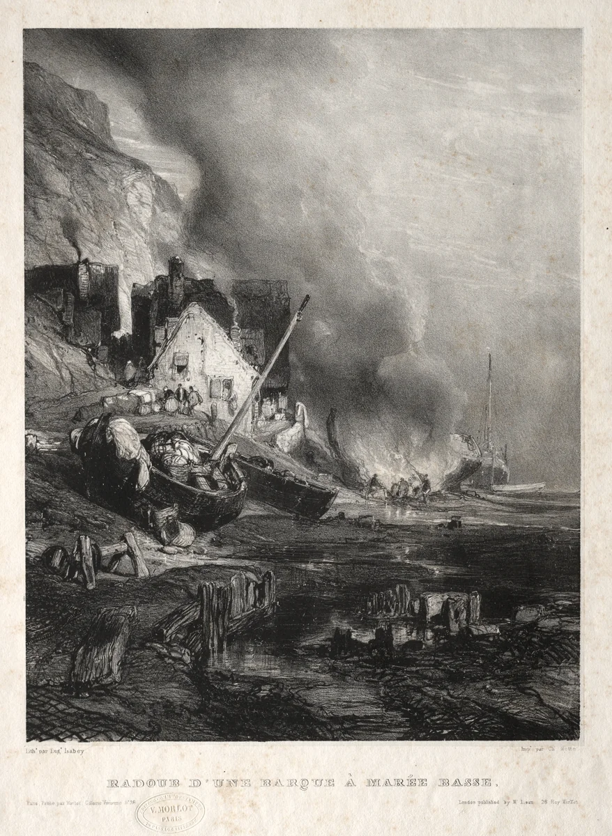 Six Marines: Radoub d'une barque à marée basse by Eugène Isabey, print, 1833