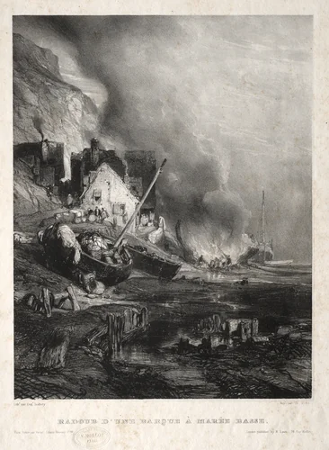Six Marines: Radoub d'une barque à marée basse by Eugène Isabey, print, 1833