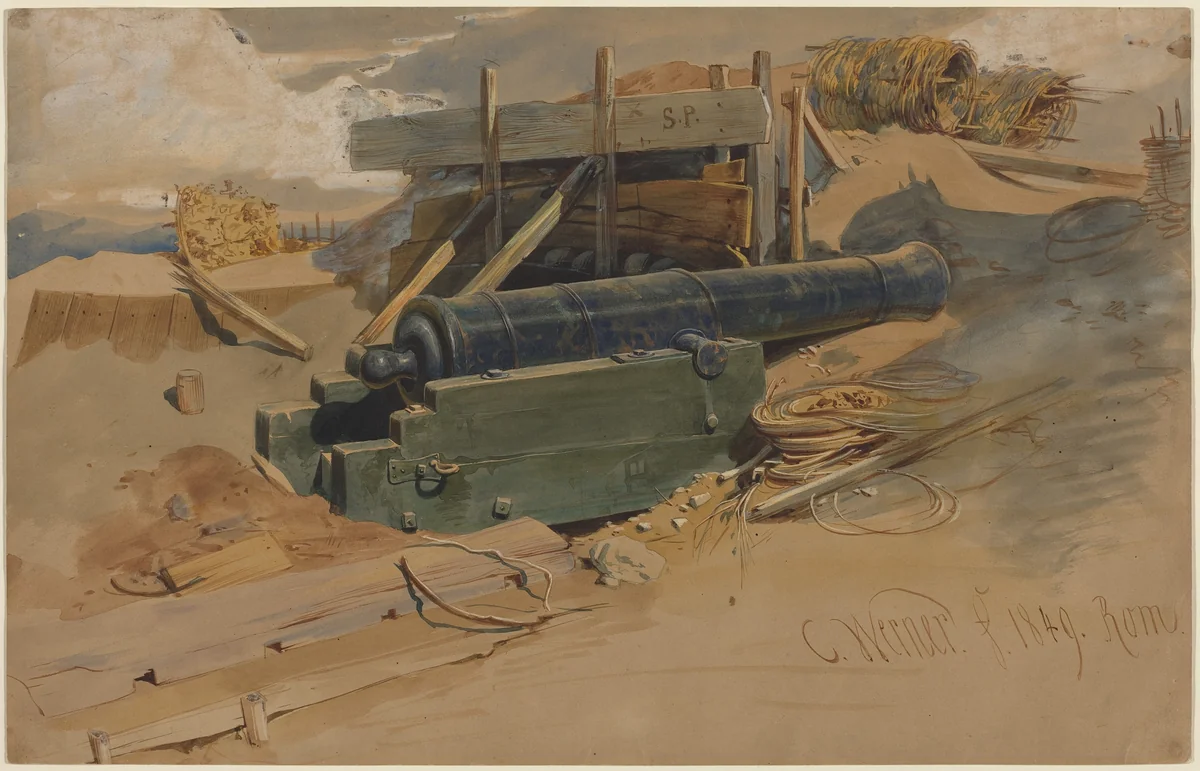 Cannon by a Bulwark by Carl Friedrich Heinrich Werner, drawing, 1849