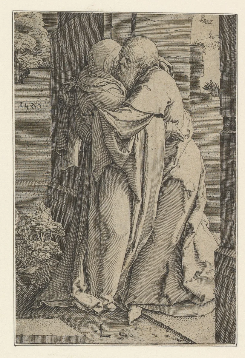 St. Joachim Embracing St. Anna by Lucas van Leyden, print, 1520