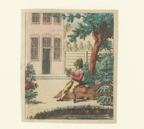 Jongen leest een boek by anonymous, print, 1800-1899