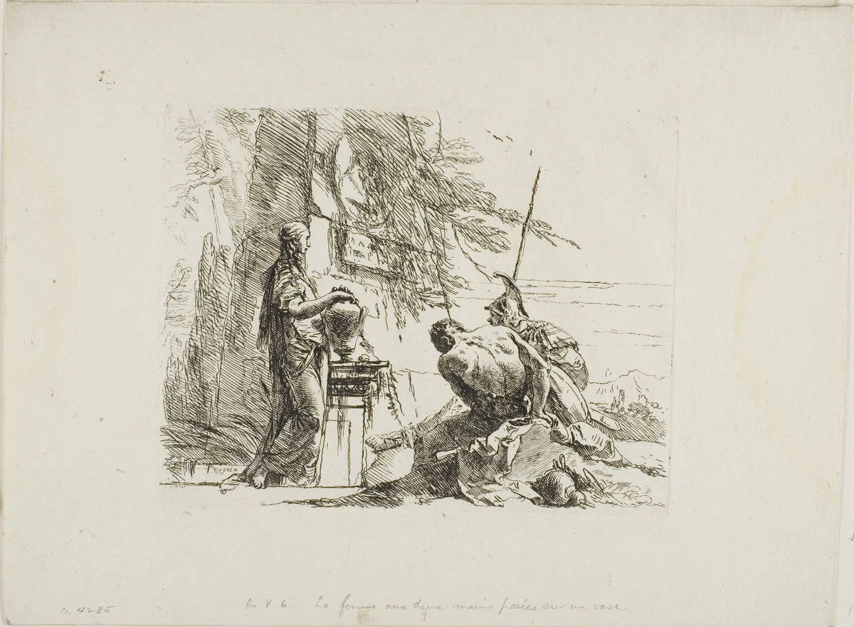 A Woman with her Hands on a Vase, Soldier, and Slave, from Capricci by Giovanni Battista Tiepolo, print, 1740-1750