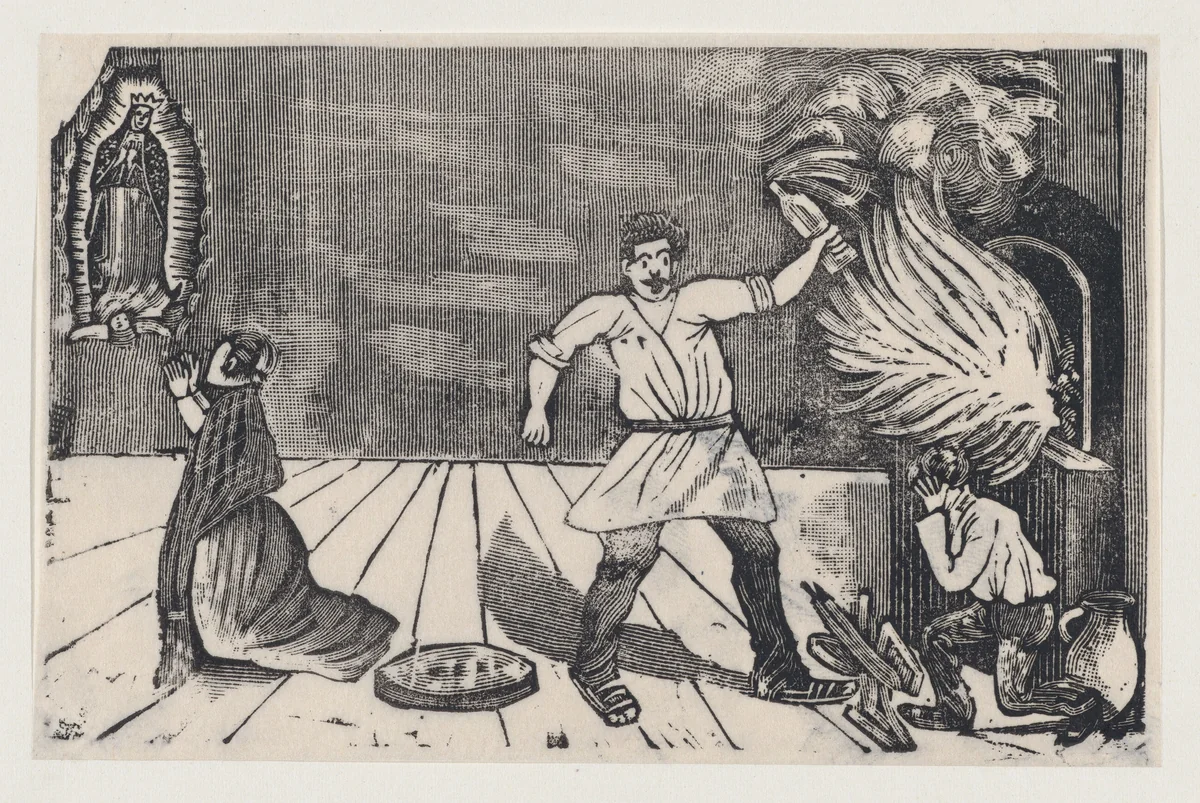 Woman praying to the Virgin of Guadalupe as her husband rages by José Guadalupe Posada, print, 1889-1899