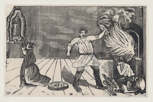 Woman praying to the Virgin of Guadalupe as her husband rages by José Guadalupe Posada, print, 1889-1899