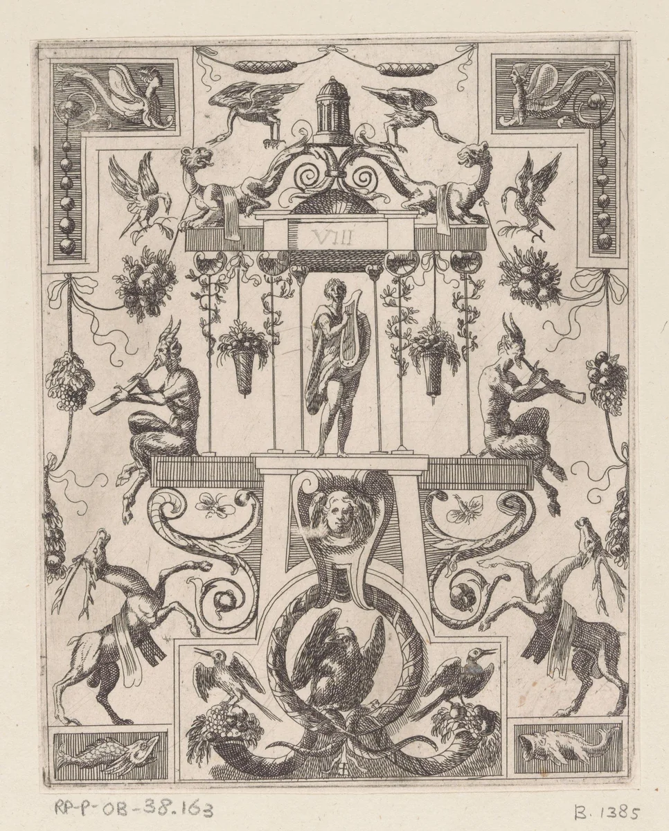 Grotesk ornament met de god Apollo in het midden by anonymous, print, 1624-1679
