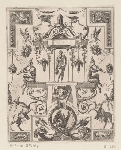 Grotesk ornament met de god Apollo in het midden by anonymous, print, 1624-1679