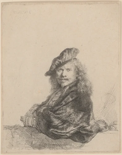 Self-Portrait Leaning on a Stone Sill by Rembrandt van Rijn, print, 1639