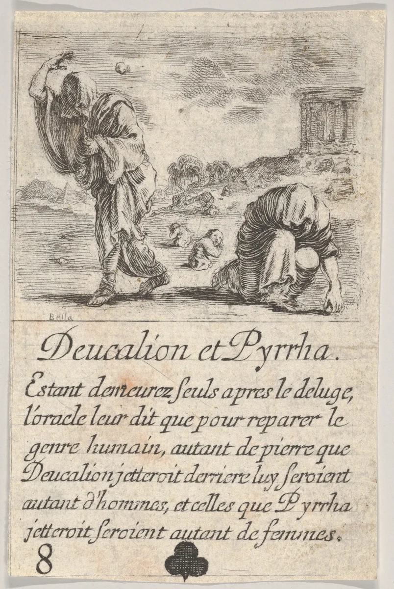 Deucalion and Pyrrha, from "Game of Mythology" (Jeu de la Mythologie) by Stefano della Bella, print, 1644