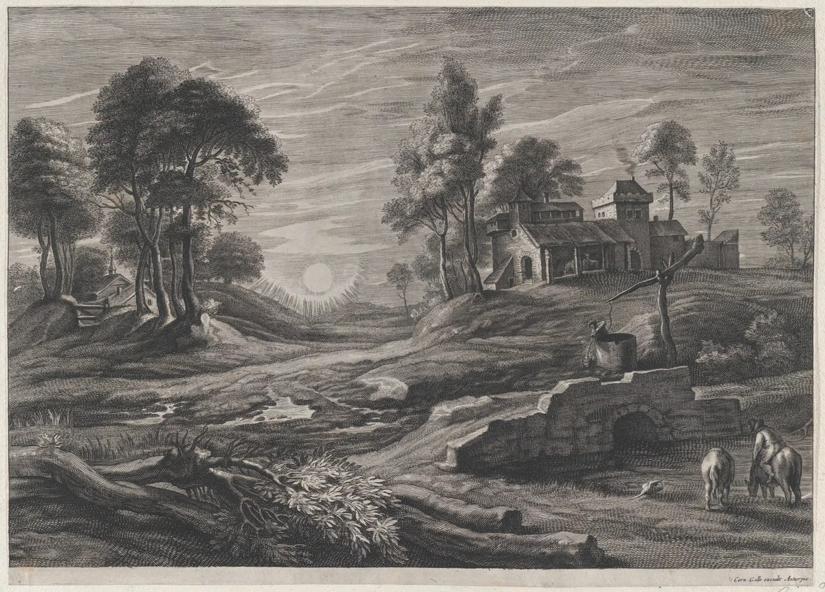 Landscape with Draw-Well by Cornelis Galle, print, 1638-1660