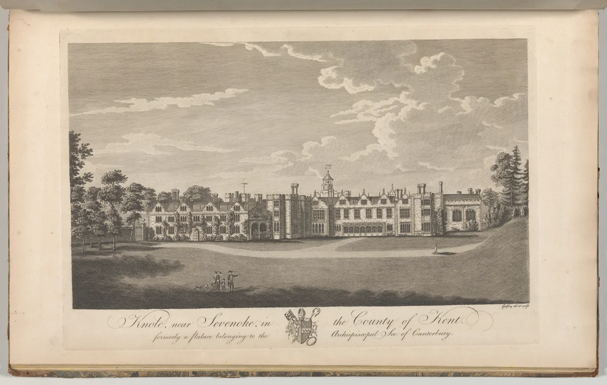 Knole, near Sevenoke, in the County of Kent, formerly a palace belonging to the Archiepiscopal See of Canterbury, from Edward Hasted's, The History and Topographical Survey of the County of Kent, vols. 1-3 by Richard Bernard Godfrey, book, 1777-1790