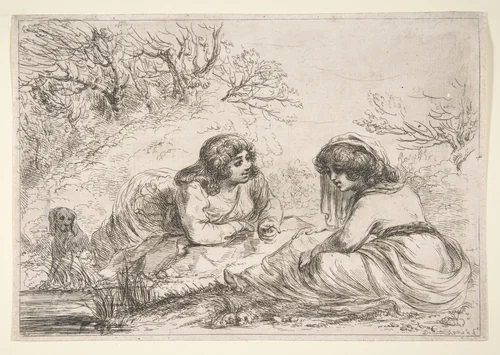 Two Women in a Landscape by Dominique Vivant Denon, print, 1760-1825