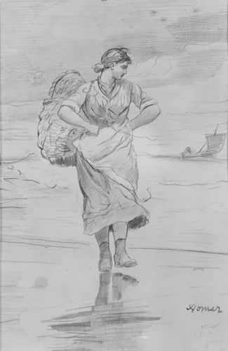 A Fisher Girl on Beach (Sketch for Illustration of "The Incoming Tide") by Winslow Homer, artwork, 1876