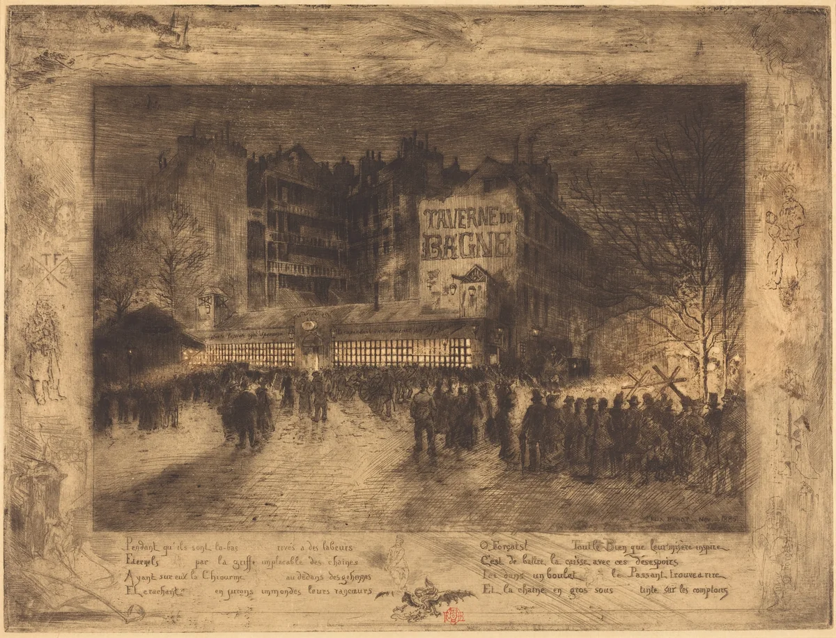 La Place des Martyrs et La Taverne du Bagne (The Place des Martyrs and the Jailhouse Tavern) by Félix-Hilaire Buhot, print, 1885