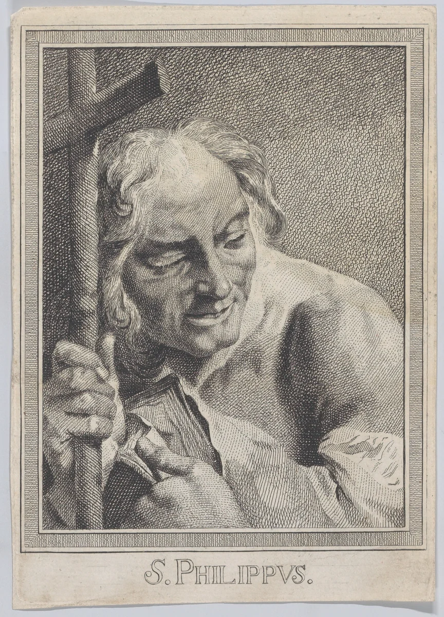 Saint Philip, head and shoulders, holding a cross and a book; after Giovanni Battista Piazzetta (copy in reverse) by Marco Alvise Pitteri, print, 1735-1780