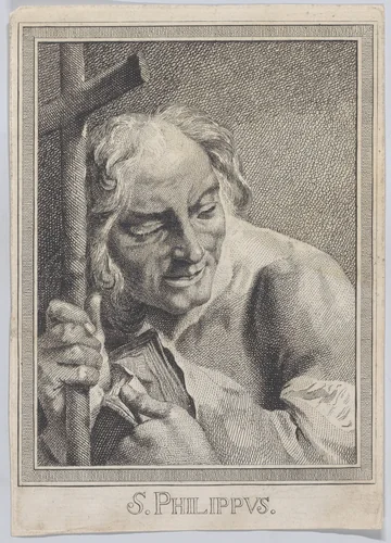 Saint Philip, head and shoulders, holding a cross and a book; after Giovanni Battista Piazzetta (copy in reverse) by Marco Alvise Pitteri, print, 1735-1780