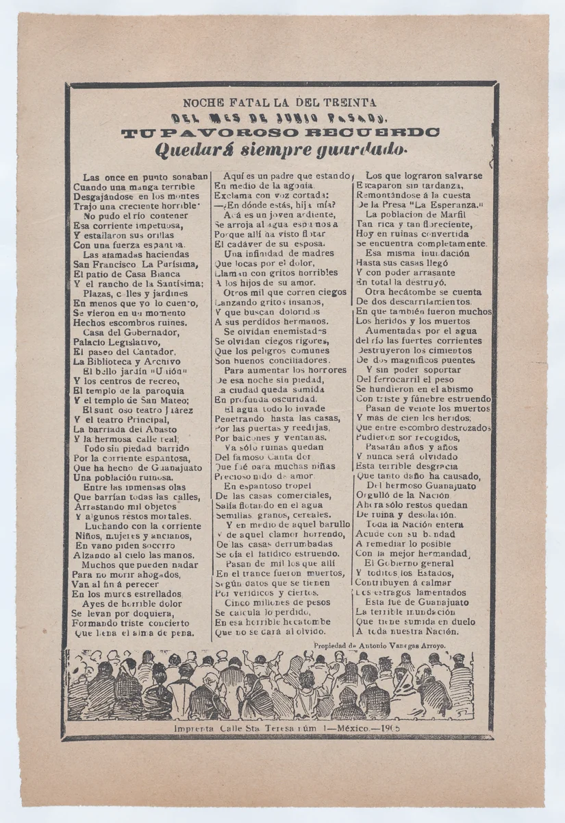 Broadsheet with victim accounts from a flood in Guanajuato, crowd of people waiving their hands and praying by José Guadalupe Posada, print, 1905