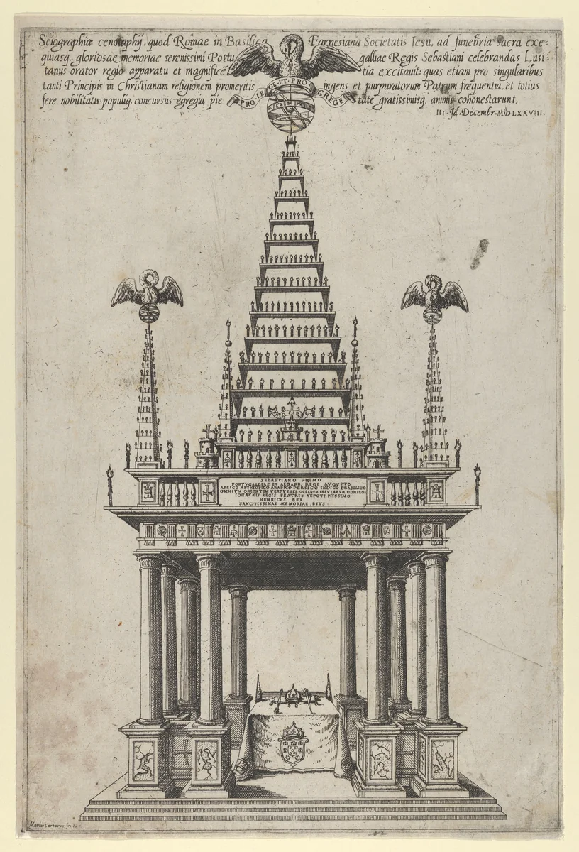 Cenotaph for Sebastian I, King of Portugal, Basilica Farnesina, Rome, December 3, 1578 by Mario Cartaro, print, 1578