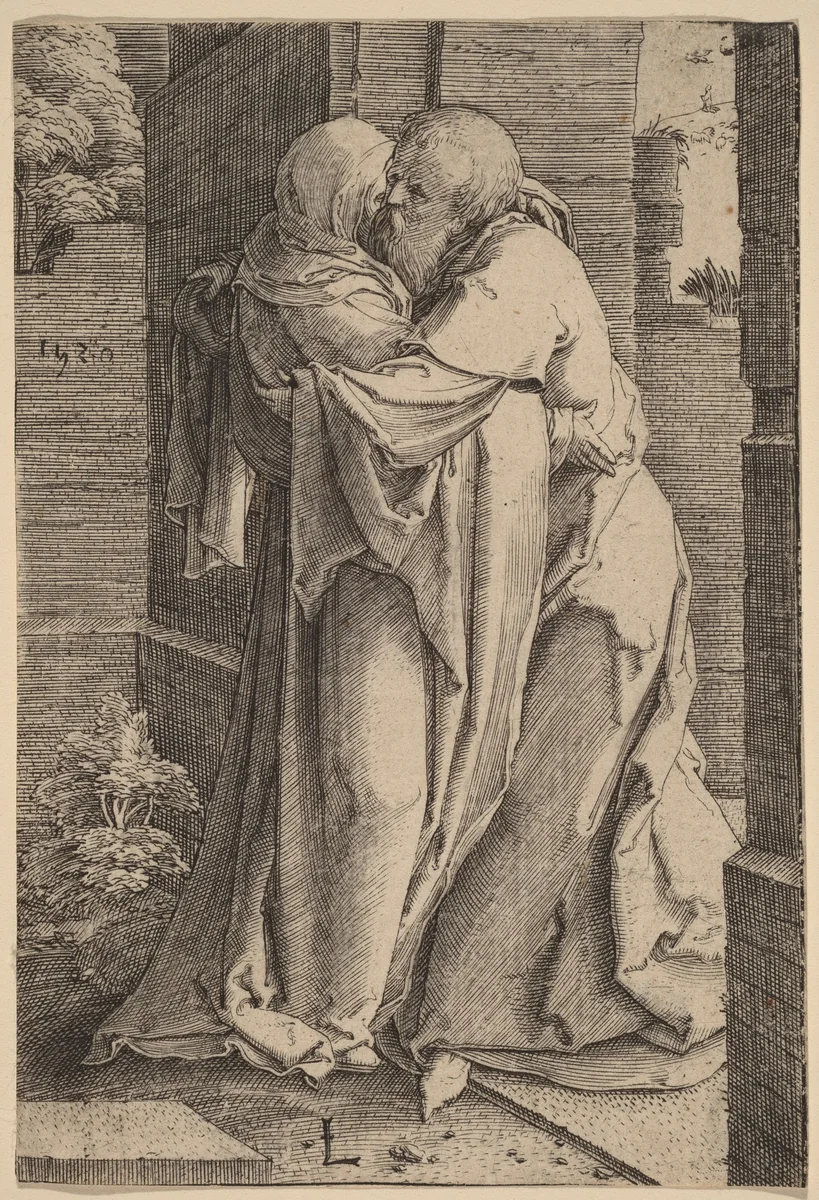 Saint Joachim Embracing Saint Anna by Lucas van Leyden, print, 1520