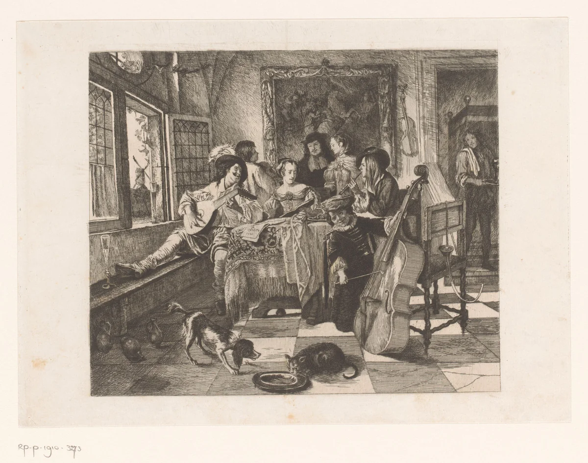 Huiskamerconcert met drie muzikanten en een zangeres by Léopold Flameng, print, 1873