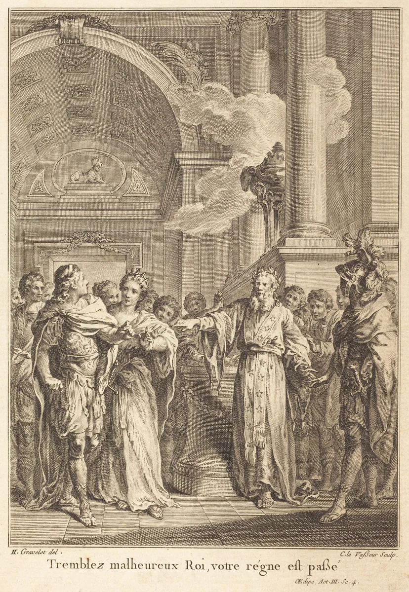 Tremblez malheureux Roi, votre régne est passé by Jean Charles Levasseur; Hubert François Gravelot, print, 1734-1816