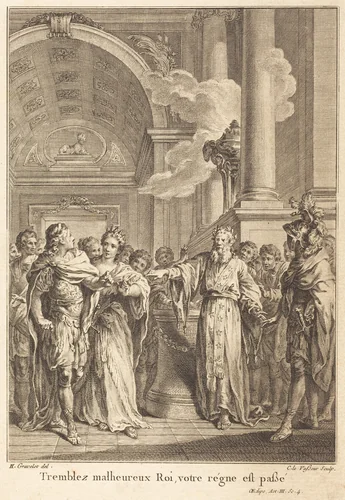 Tremblez malheureux Roi, votre régne est passé by Jean Charles Levasseur; Hubert François Gravelot, print, 1734-1816