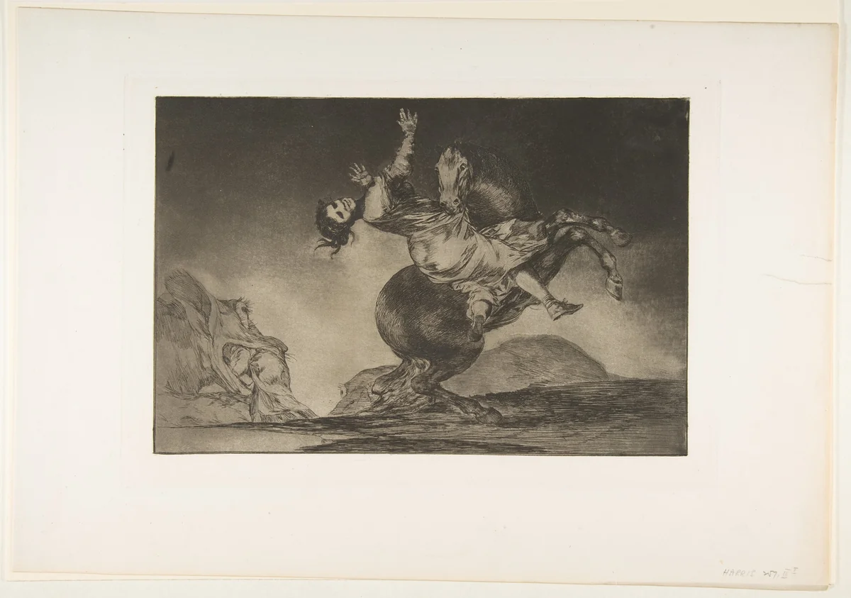 The horse abductor, from "The Disparates" (Follies / Irrationalities) by Goya, print, 1810-1820