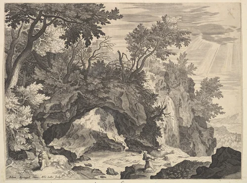 Rocky Landscape with the Stigmatisation of Saint Francis by Aegidius Sadeler II, print, 1565-1629
