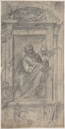 Saint Matthew Seated in a Niche by Fabrizio Boschi, drawing, 1572-1642