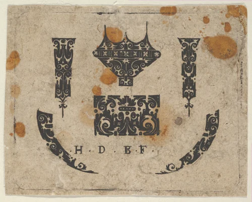 Blackwork Print with a Ring Bezel and Horizontal Panel at Center Flanked by Vertical Fillets and Curved Motifs by Hans de Bull, print, 1592-1604