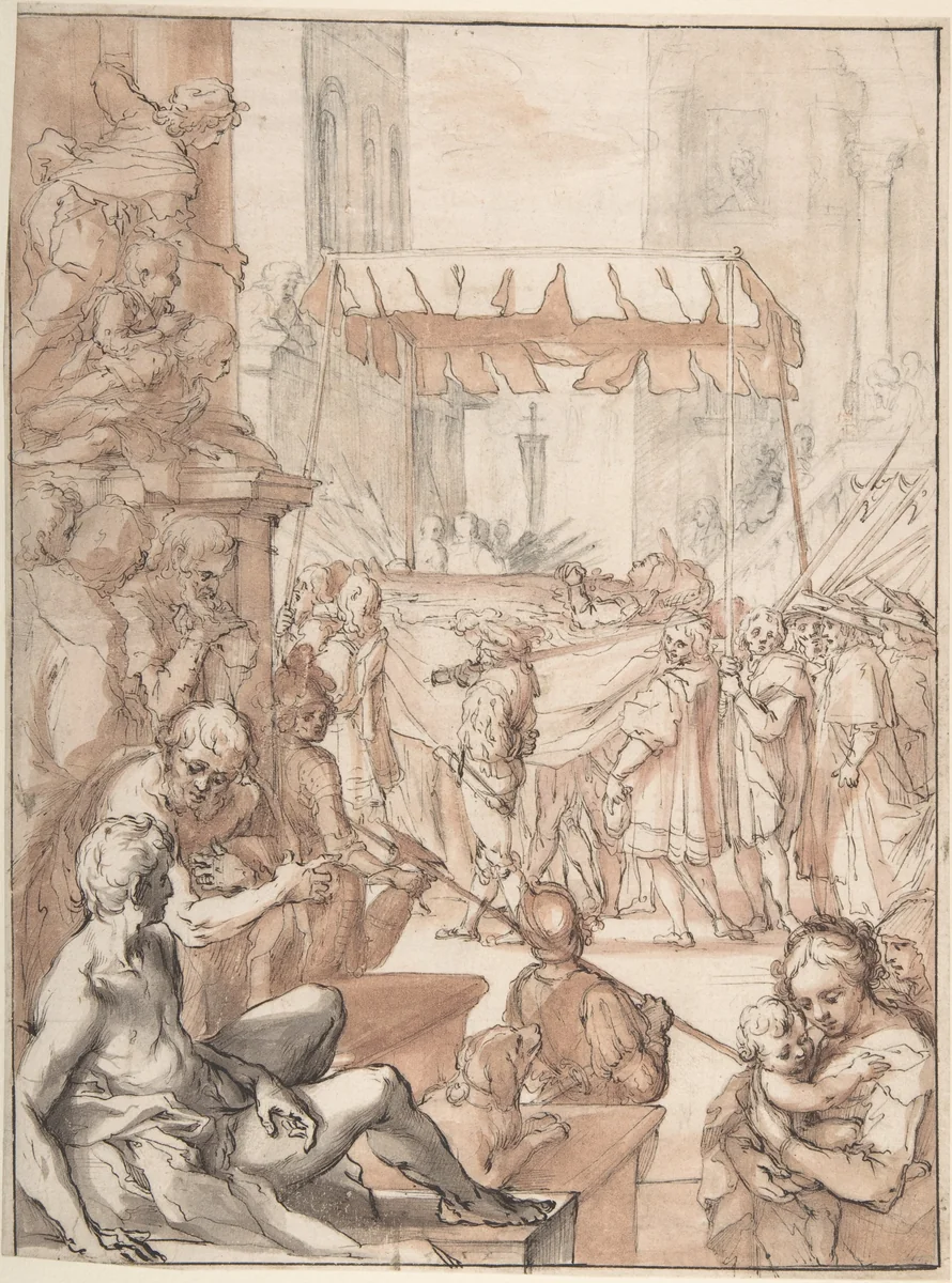 The Body of Saint Catherine of Siena carried in Procession, after Francesco Vanni by anonymous, drawing, 1700-1799