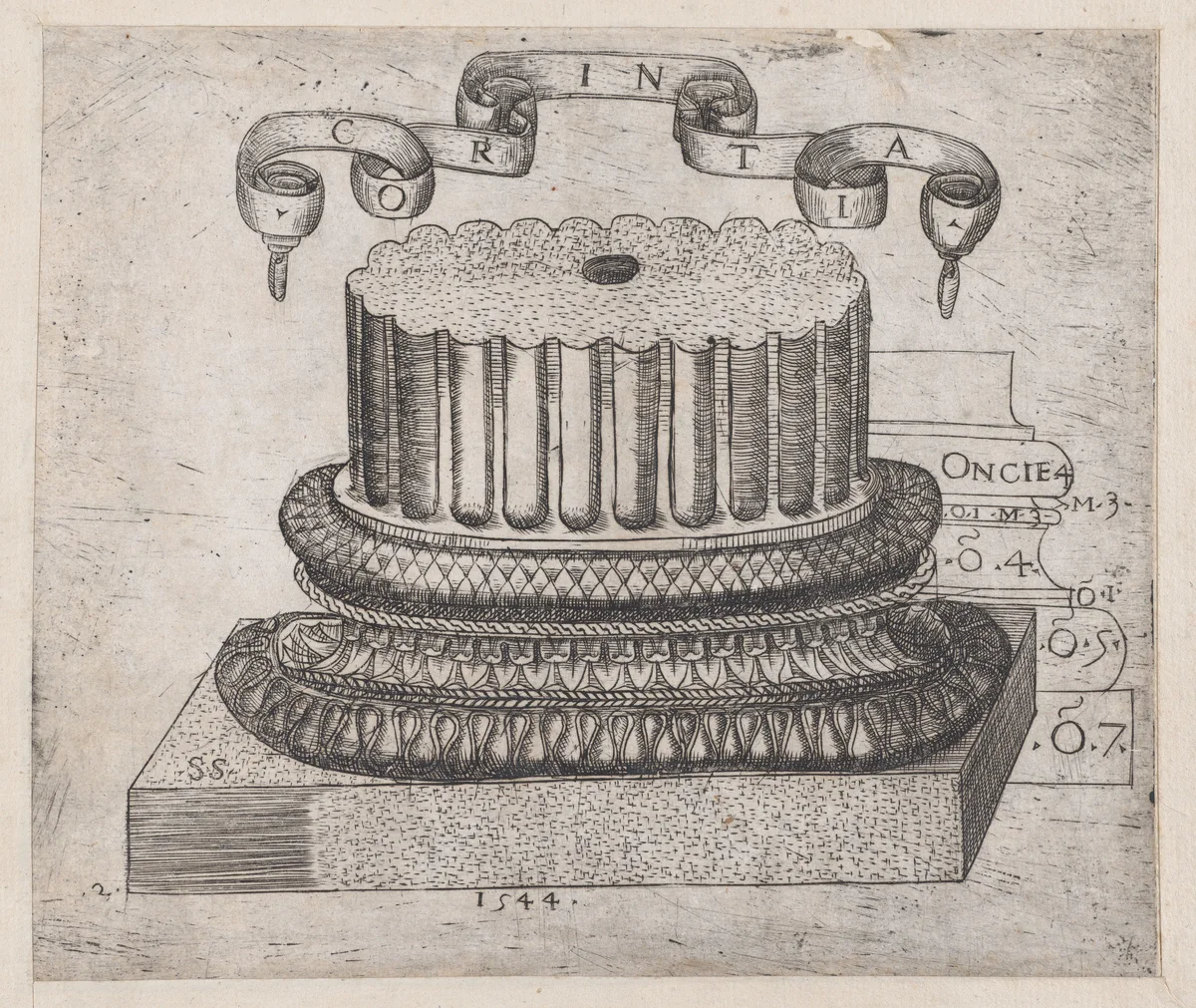 Corinthian base, from "Speculum Romanae Magnificentiae" by Sebastiano Serlio, print, 1544