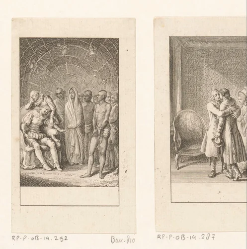 Alzire staande tussen de stervende Guzman en geketende Zamore by Daniel Nikolaus Chodowiecki, print, 1781