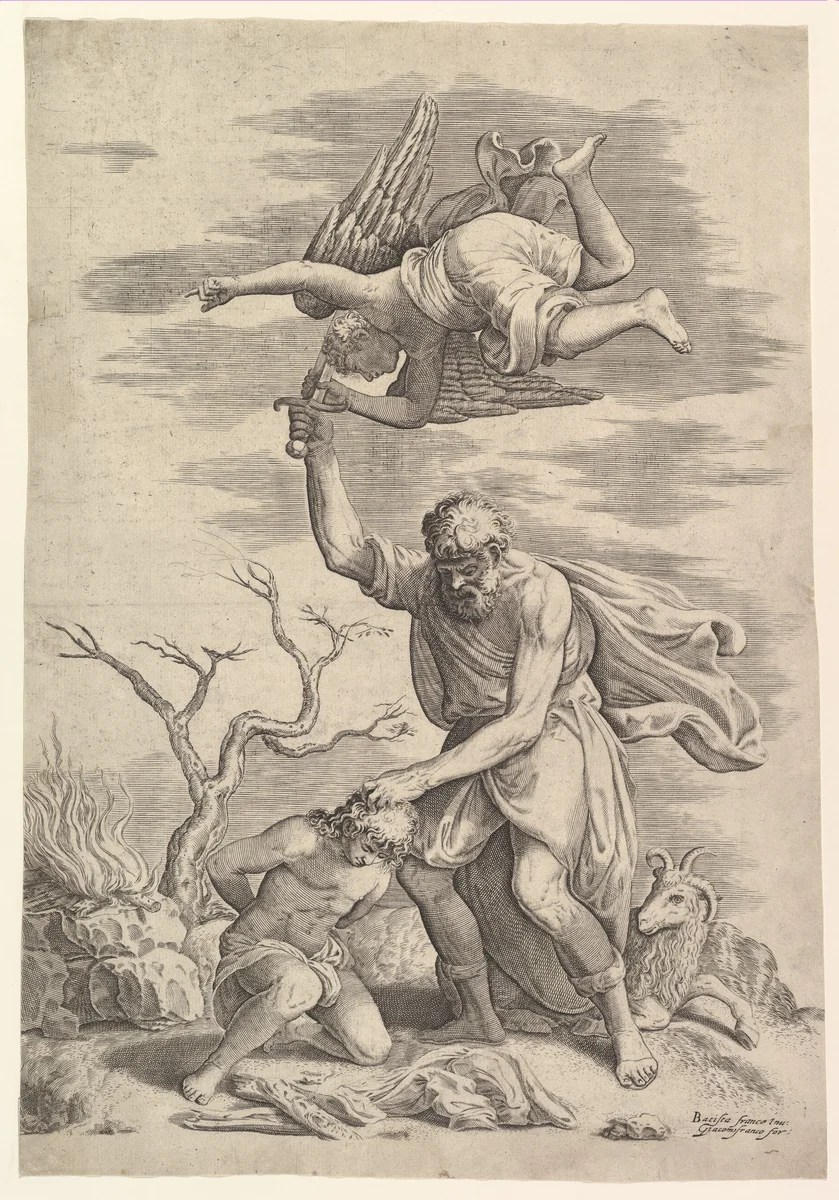 The Angel Staying the Arm of Abraham by Battista Franco, print, 1510-1561