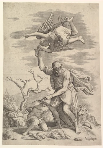 The Angel Staying the Arm of Abraham by Battista Franco, print, 1510-1561