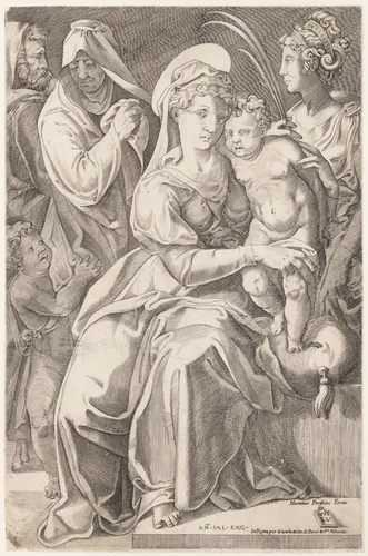 The Holy Family with St. Anne and St. Catherine by Enea Vico, print, 1542-1650