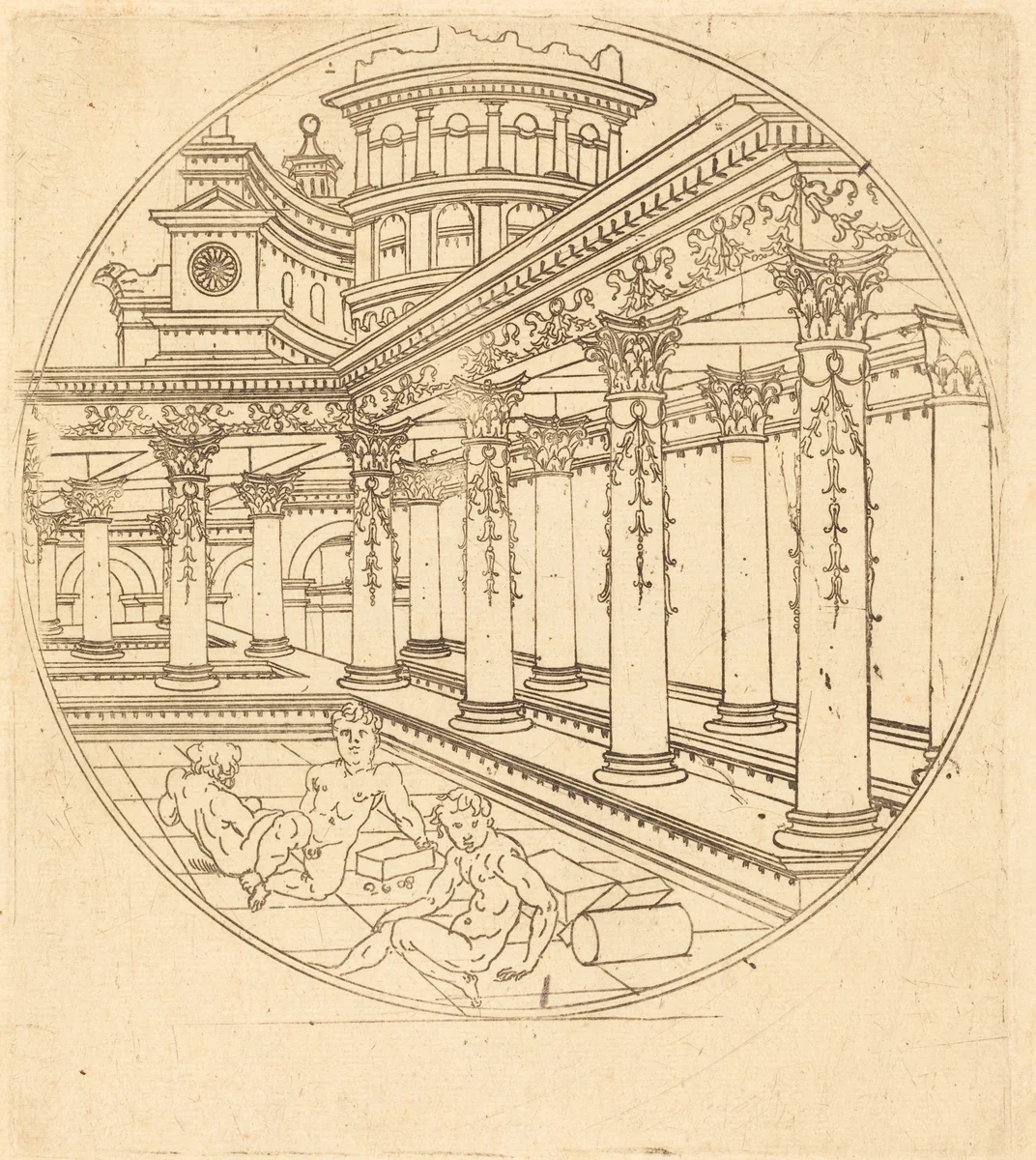 Three Figures in a Gallery by Jean de Gourmont I, print, 1500-1599