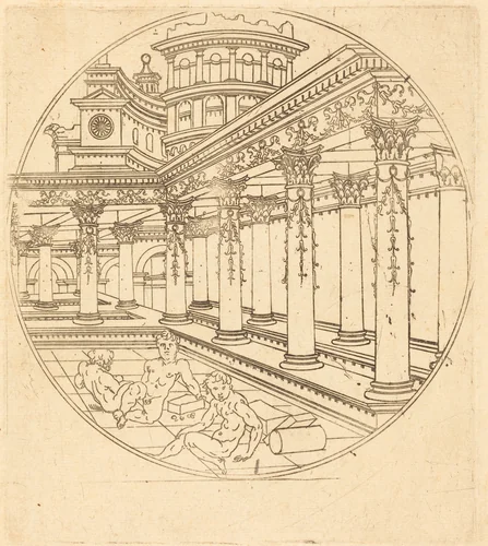 Three Figures in a Gallery by Jean de Gourmont I, print, 1500-1599