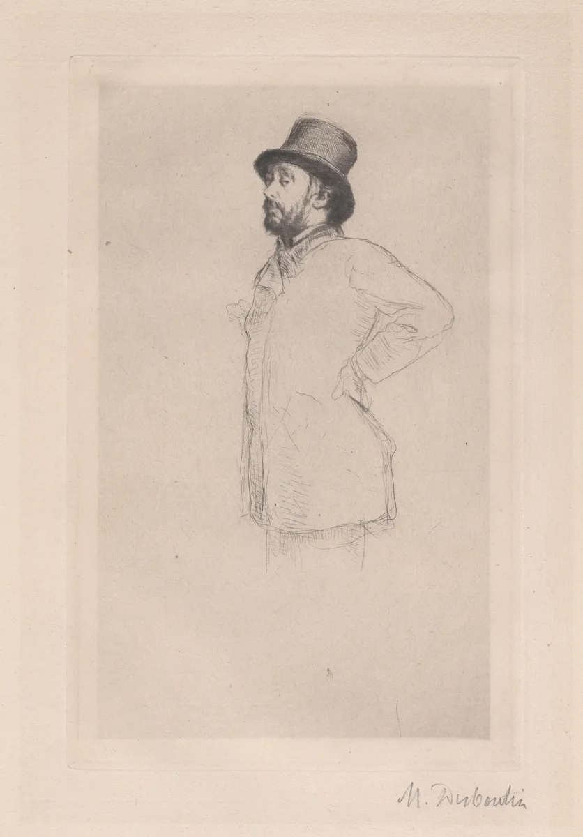 Portrait of Edgar Degas, wearing a hat by Marcellin Desboutin, print, 1876