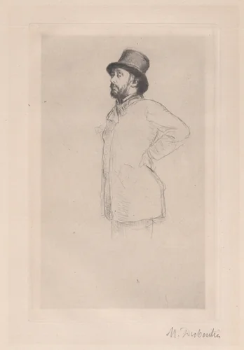 Portrait of Edgar Degas, wearing a hat by Marcellin Desboutin, print, 1876