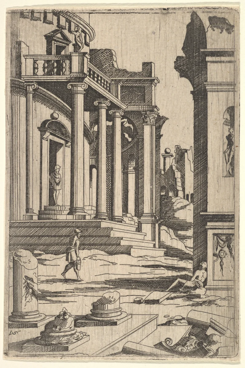 Classizing Landscape with Three Figures, from a series of architectural ruins with figures, in reverse after prints by Jacques Androuet Ducerceau after Léonard Thiry by Virgil Solis, print, 1550-1562