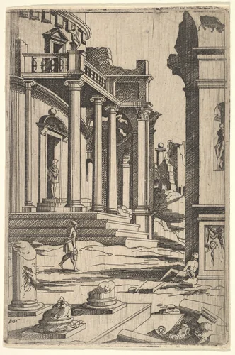 Classizing Landscape with Three Figures, from a series of architectural ruins with figures, in reverse after prints by Jacques Androuet Ducerceau after Léonard Thiry by Virgil Solis, print, 1550-1562