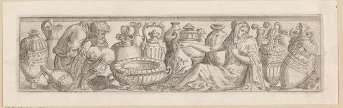 Fries met vrouw en gehurkte oude man tussen vazen by Unknown, print, 1583-1638
