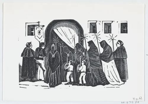 A holy procession with figures in black cloaks holding candles by José Guadalupe Posada, print, 1875-1885