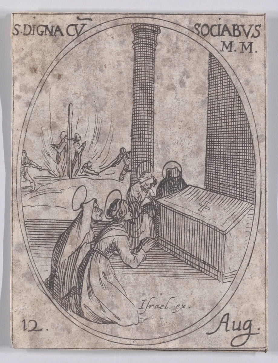 Ste. Digne et Ses Compagnes (St. Digna and Her Companions (including St. Hilaria)), August 12th, from "Les Images De Tous Les Saincts et Saintes de L'Année" (Images of All of the Saints and Religious Events of the Year) by Jacques Callot, print, 1636
