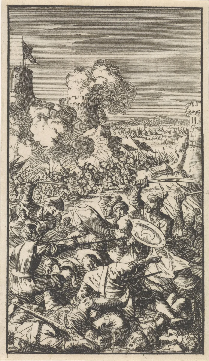 Belegering van Nicosia door het Ottomaanse leger, 1570 by Jan Luyken, print, 1699